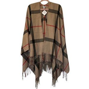 Just Jamie Tan/Brown/Red Super Soft Plaid Ruana/Wrap - NWT